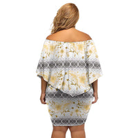Samoa White Sunday Off Shoulder Short Dress Samoan Tapa Yellow Hibiscus - Polynesian Pride