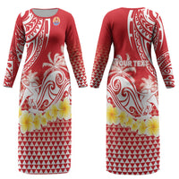 Personalised Tahiti Surfing Couples Matching Long Sleeve Bodycon Dress and Hawaiian Shirt Polynesian Style LT05 - Polynesian Pride