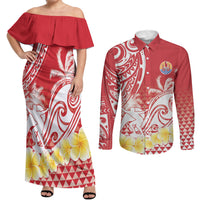 Personalised Tahiti Surfing Couples Matching Off Shoulder Maxi Dress and Long Sleeve Button Shirt Polynesian Style LT05 Red - Polynesian Pride