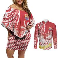Personalised Tahiti Surfing Couples Matching Off Shoulder Short Dress and Long Sleeve Button Shirt Polynesian Style LT05 Red - Polynesian Pride