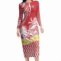 Personalised Tahiti Surfing Long Sleeve Bodycon Dress Polynesian Style LT05 Long Dress Red - Polynesian Pride