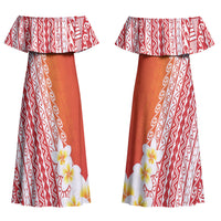 Tahiti Plumeria Tribal Pattern Couples Matching Off Shoulder Maxi Dress and Long Sleeve Button Shirt Wave Style Red LT05 - Polynesian Pride