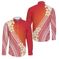 Tahiti Plumeria Tribal Pattern Family Matching Off Shoulder Maxi Dress and Hawaiian Shirt Wave Style Red LT05 Dad's Shirt - Long Sleeve Red - Polynesian Pride