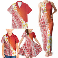 Tahiti Plumeria Tribal Pattern Family Matching Tank Maxi Dress and Hawaiian Shirt Wave Style Red LT05 - Polynesian Pride