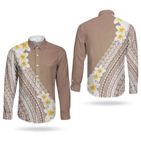 Tahiti Plumeria Tribal Pattern Couples Matching Off Shoulder Short Dress and Long Sleeve Button Shirt Wave Style Brown LT05 - Polynesian Pride