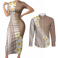 Tahiti Plumeria Tribal Pattern Couples Matching Short Sleeve Bodycon Dress and Long Sleeve Button Shirt Wave Style Brown LT05 Brown - Polynesian Pride