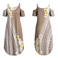 Tahiti Plumeria Tribal Pattern Couples Matching Summer Maxi Dress and Hawaiian Shirt Wave Style Brown LT05 - Polynesian Pride