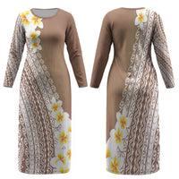 Tahiti Plumeria Tribal Pattern Family Matching Long Sleeve Bodycon Dress and Hawaiian Shirt Wave Style Brown LT05 Mom's Dress Brown - Polynesian Pride