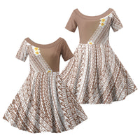 Tahiti Plumeria Tribal Pattern Family Matching Off The Shoulder Long Sleeve Dress and Hawaiian Shirt Wave Style Brown LT05 Daughter's Dress Brown - Polynesian Pride
