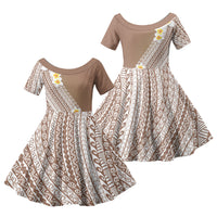 Tahiti Plumeria Tribal Pattern Family Matching Off Shoulder Maxi Dress and Hawaiian Shirt Wave Style Brown LT05 Daughter's Dress Brown - Polynesian Pride