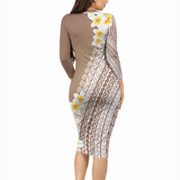Tahiti Plumeria Tribal Pattern Long Sleeve Bodycon Dress Wave Style Brown LT05 - Polynesian Pride