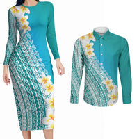 Tahiti Plumeria Tribal Pattern Couples Matching Long Sleeve Bodycon Dress and Long Sleeve Button Shirt Wave Style Turquoise LT05 Turquoise - Polynesian Pride