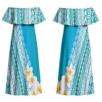 Tahiti Plumeria Tribal Pattern Couples Matching Off Shoulder Maxi Dress and Long Sleeve Button Shirt Wave Style Turquoise LT05 - Polynesian Pride