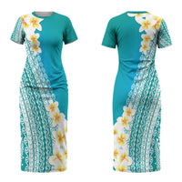 Tahiti Plumeria Tribal Pattern Couples Matching Short Sleeve Bodycon Dress and Hawaiian Shirt Wave Style Turquoise LT05 - Polynesian Pride