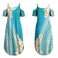 Tahiti Plumeria Tribal Pattern Couples Matching Summer Maxi Dress and Hawaiian Shirt Wave Style Turquoise LT05 - Polynesian Pride
