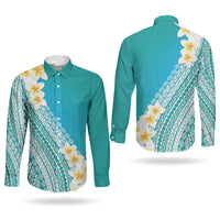 Tahiti Plumeria Tribal Pattern Couples Matching Summer Maxi Dress and Long Sleeve Button Shirt Wave Style Turquoise LT05 - Polynesian Pride