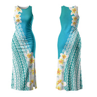 Tahiti Plumeria Tribal Pattern Couples Matching Tank Maxi Dress and Long Sleeve Button Shirt Wave Style Turquoise LT05 - Polynesian Pride