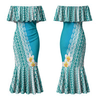 Tahiti Plumeria Tribal Pattern Family Matching Mermaid Dress and Hawaiian Shirt Wave Style Turquoise LT05 Mom's Dress Turquoise - Polynesian Pride
