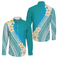 Tahiti Plumeria Tribal Pattern Family Matching Off The Shoulder Long Sleeve Dress and Hawaiian Shirt Wave Style Turquoise LT05 Dad's Shirt - Long Sleeve Turquoise - Polynesian Pride