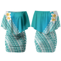 Tahiti Plumeria Tribal Pattern Family Matching Off Shoulder Short Dress and Hawaiian Shirt Wave Style Turquoise LT05 Mom's Dress Turquoise - Polynesian Pride