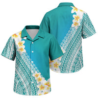 Tahiti Plumeria Tribal Pattern Family Matching Off Shoulder Short Dress and Hawaiian Shirt Wave Style Turquoise LT05 Son's Shirt Turquoise - Polynesian Pride