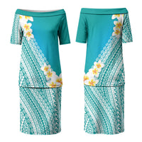 Tahiti Plumeria Tribal Pattern Family Matching Puletasi and Hawaiian Shirt Wave Style Turquoise LT05 Mom's Dress Turquoise - Polynesian Pride