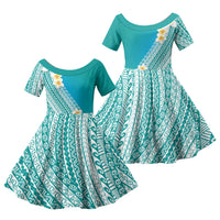 Tahiti Plumeria Tribal Pattern Family Matching Puletasi and Hawaiian Shirt Wave Style Turquoise LT05 Daughter's Dress Turquoise - Polynesian Pride