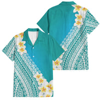 Tahiti Plumeria Tribal Pattern Family Matching Short Sleeve Bodycon Dress and Hawaiian Shirt Wave Style Turquoise LT05 Dad's Shirt - Short Sleeve Turquoise - Polynesian Pride