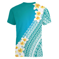 Tahiti Plumeria Tribal Pattern Women V-Neck T-Shirt Wave Style Turquoise LT05 - Polynesian Pride