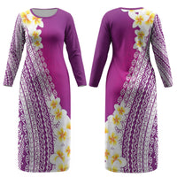 Tahiti Plumeria Tribal Pattern Couples Matching Long Sleeve Bodycon Dress and Hawaiian Shirt Wave Style Purple LT05 - Polynesian Pride