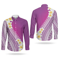 Tahiti Plumeria Tribal Pattern Couples Matching Off The Shoulder Long Sleeve Dress and Long Sleeve Button Shirt Wave Style Purple LT05 - Polynesian Pride