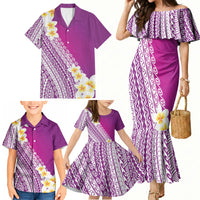Tahiti Plumeria Tribal Pattern Family Matching Mermaid Dress and Hawaiian Shirt Wave Style Purple LT05 - Polynesian Pride