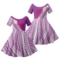 Tahiti Plumeria Tribal Pattern Family Matching Off Shoulder Maxi Dress and Hawaiian Shirt Wave Style Purple LT05 Daughter's Dress Purple - Polynesian Pride