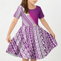 Tahiti Plumeria Tribal Pattern Kid Short Sleeve Dress Wave Style Purple LT05 KID Purple - Polynesian Pride