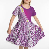 Tahiti Plumeria Tribal Pattern Kid Short Sleeve Dress Wave Style Purple LT05 - Polynesian Pride