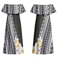 Tahiti Plumeria Tribal Pattern Couples Matching Off Shoulder Maxi Dress and Long Sleeve Button Shirt Wave Style Black LT05 - Polynesian Pride