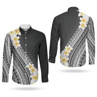 Tahiti Plumeria Tribal Pattern Couples Matching Off The Shoulder Long Sleeve Dress and Long Sleeve Button Shirt Wave Style Black LT05 - Polynesian Pride