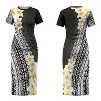 Tahiti Plumeria Tribal Pattern Family Matching Short Sleeve Bodycon Dress and Hawaiian Shirt Wave Style Black LT05 Mom's Dress Black - Polynesian Pride