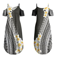 Tahiti Plumeria Tribal Pattern Family Matching Summer Maxi Dress and Hawaiian Shirt Wave Style Black LT05 Mom's Dress Black - Polynesian Pride