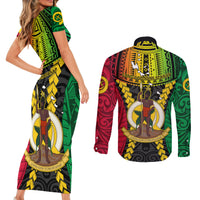 Vanuatu Couples Matching Short Sleeve Bodycon Dress and Long Sleeve Button Shirts Vanuatuan Coat Of Arms Mix Pig Tusk Poynesian Pattern LT05 - Polynesian Pride