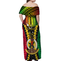 Vanuatu Off Shoulder Maxi Dress Vanuatuan Coat Of Arms Mix Pig Tusk Poynesian Pattern LT05 - Polynesian Pride