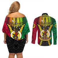 Personalized Vanuatu Couples Matching Off Shoulder Short Dress and Long Sleeve Button Shirts Vanuatuan Coat Of Arms Mix Pig Tusk Poynesian Pattern LT05 - Polynesian Pride