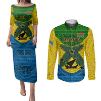 Vanuatu Malampa Province Couples Matching Puletasi Dress and Long Sleeve Button Shirts Coat Of Arms And Namele Fern Polynesian Pattern LT05 Yellow - Polynesian Pride