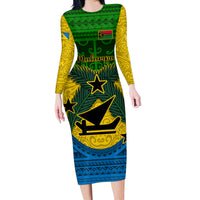 Vanuatu Malampa Province Long Sleeve Bodycon Dress Coat Of Arms And Namele Fern Polynesian Pattern LT05 Long Dress Yellow - Polynesian Pride