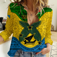 Vanuatu Malampa Province Women Casual Shirt Coat Of Arms And Namele Fern Polynesian Pattern LT05 Female Yellow - Polynesian Pride