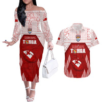 Custom Tonga Rugby Couples Matching Off The Shoulder Long Sleeve Dress and Hawaiian Shirt 2023 Pacific Championships Kupesi Ngatu Mate Maa LT05 Red - Polynesian Pride