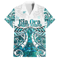 New Zealand Aotearoa Kia Ora Family Matching Puletasi and Hawaiian Shirt Paua Shell Maori Silver Fern LT05 Dad's Shirt - Short Sleeve Turquoise - Polynesian Pride