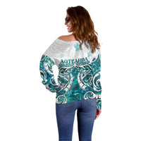 New Zealand Aotearoa Kia Ora Off Shoulder Sweater Paua Shell Maori Silver Fern LT05 - Polynesian Pride