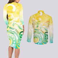 Personalised Cook Islands Kia Orana Couples Matching Long Sleeve Bodycon Dress and Long Sleeve Button Shirt Polynesian Turtle With Circle Stars LT05 - Polynesian Pride