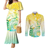 Personalised Cook Islands Kia Orana Couples Matching Mermaid Dress and Long Sleeve Button Shirt Polynesian Turtle With Circle Stars LT05 Yellow - Polynesian Pride